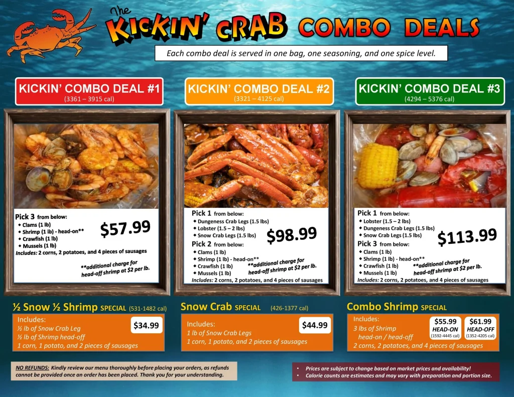 kickin' crab combo deals menu for seafood restaurant