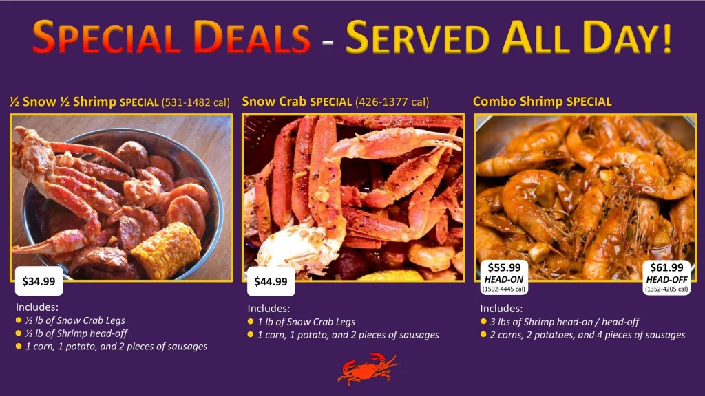 kickin' crab company special deals seafood menu